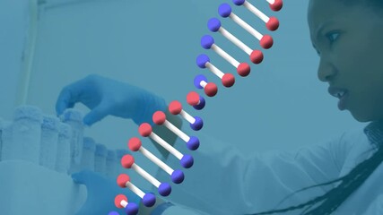 Poster - Animation of dna strand over african american female scientist working in lab