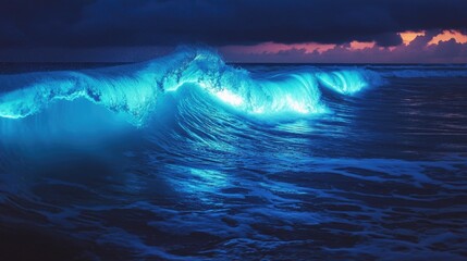 Wall Mural - Glowing marine bioluminescence in breaking waves