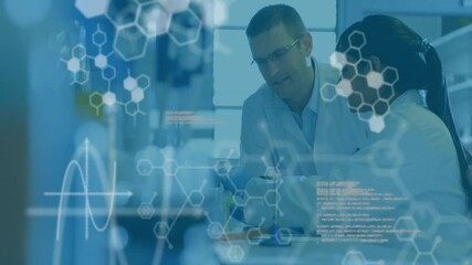 Poster - Animation of chemical formula and data processing over diverse scientists in lab