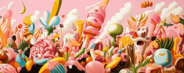 A vibrant and colorful scene filled with whimsical ice cream cones and sweet treats set against a playful pink background.