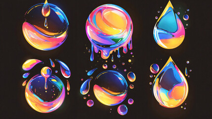 Poster - A collection of shiny, colorful droplets and bubbles on a dark background, showcasing a playful and artistic design with vibrant hues.