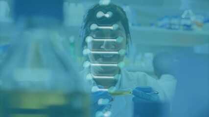 Poster - Animation of dna strand over biracial female scientist working in lab