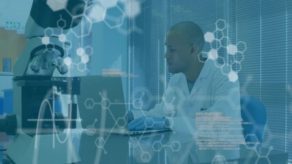 Poster - Animation of chemical formula and data processing over biracial male scientist working in lab