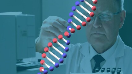 Poster - Animation of dna strand over caucasian male scientist working in lab