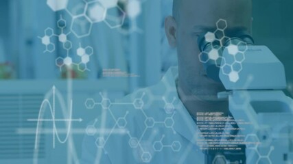 Poster - Animation of chemical formula and data processing over biracial male scientist in lab