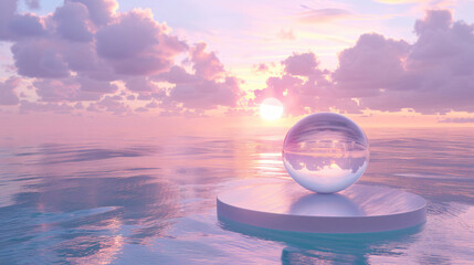 Poster - A serene landscape of a crystal clear orb reflecting the sunset over calm waters, surrounded by soft pastel clouds, creating a tranquil scene.