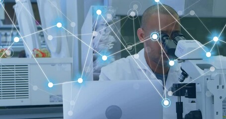 Poster - Animation of network of connections over biracial male scientist working in lab