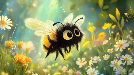 Sticker - Cute Bumblebee in Flowers.