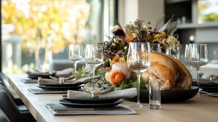 Wall Mural - Autumn Thanksgiving Table Setting with Turkey and Floral Centerpiece