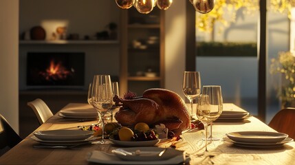 Wall Mural - Cozy Thanksgiving Dinner Scene with Turkey, Wine, and Fireplace