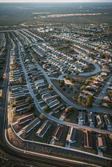 An aerial view of a suburban neighborhood with lots and houses. AI.