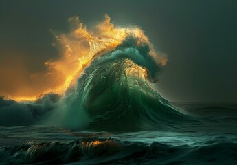 Wall Mural - a large wave is breaking into the ocean with a bright light. ai.