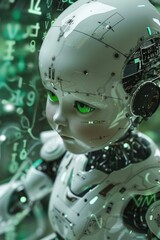 Poster - A close up of a robot with green eyes and some numbers. AI.