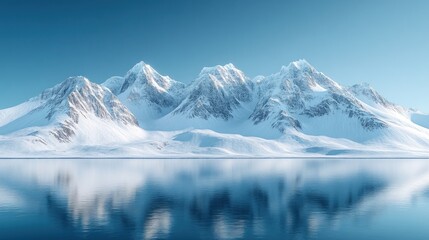 Canvas Print - Serene snowy mountains reflected in calm water under a blue sky.