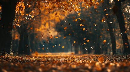 Wall Mural - Golden Leaves Falling in a Forest