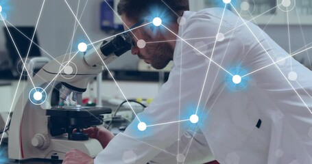 Poster - Animation of network of connections over caucasian male scientist working in lab