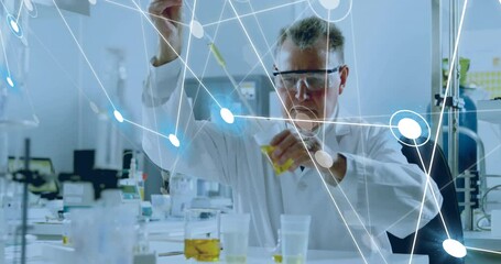 Poster - Animation of network of connections over caucasian male scientist working in lab