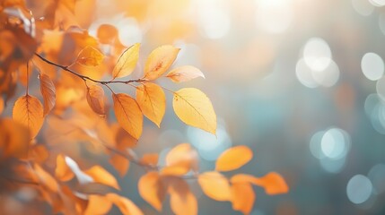 Sticker - Golden Autumn Leaves on a Branch Against a Blurred Background