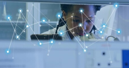 Poster - Animation of network of connections over african american female scientist working in lab