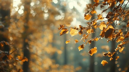 Canvas Print - Golden Autumn Leaves Against a Blurred Forest Background