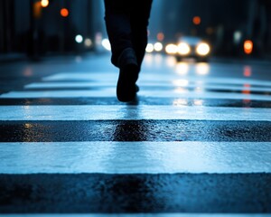 a solitary figure walks across a wet crosswalk at night, illuminated by streetlights and passing car