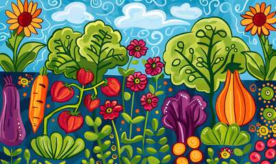 Wall Mural - fruits and vegetable herbal concept  for background or 2d illustrator cartoon.