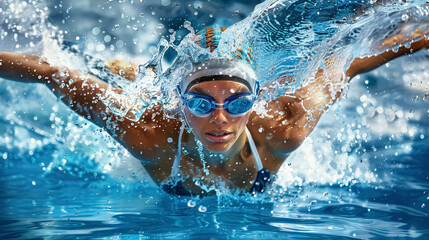 workout with water splash or woman in swimming pool for competition training, fitness, or energy. sp