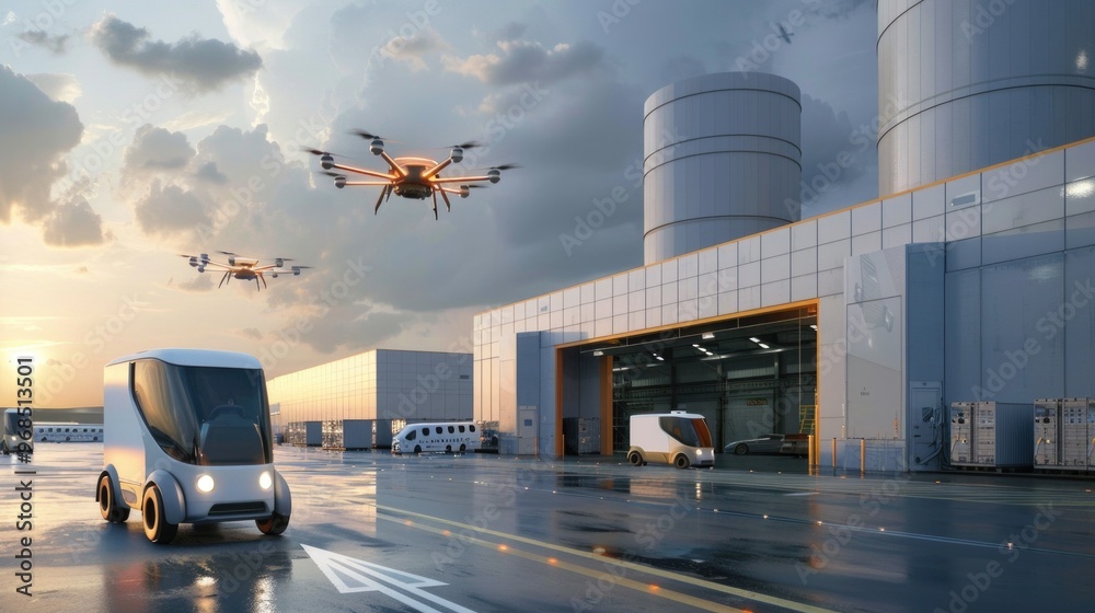 High tech autonomous last mile delivery hub with drone and robot fleets ...