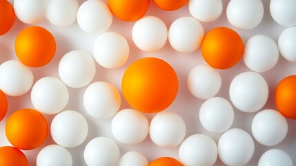 Wall Mural - Orange ping pong ball surrounded by white balls on a minimalist white background, isolated and clean composition, perfect for sports, product display, or modern design concepts.