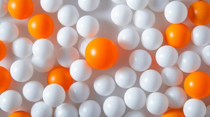 Wall Mural - Orange ping pong ball surrounded by white balls on a minimalist white background, isolated and clean composition, perfect for sports, product display, or modern design concepts.