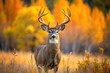 © Sayfar - foliage, mammal, A majestic buck whitetail deer stands tall in an autumn landscape in Colorado showcasing its impressive antlers and blending effortlessly with the vibrant foliage