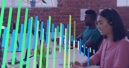 Poster - Animation of financial data processing over diverse colleagues working in office