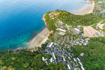 Aerial view Beautiful seashore at Phuket Thailand, Beautiful seacoast view and villa building in summer season,Nature and Travel background landscape