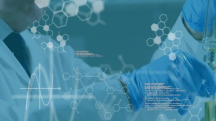 Wall Mural - Animation of scientific data processing over caucasian male scientist in laboratory