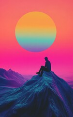 Wall Mural - A serene figure sits atop a vibrant mountain at sunset, surrounded by colorful skies and a large sun, evoking peace and reflection.