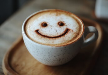 Close-up of a cappuccino with a smiley face made from cinnamon on the foam, adding a charming and cheerful touch to the coffee experience