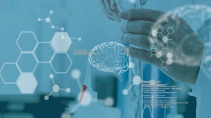 Poster - Animation of scientific data processing and human brains over caucasian male scientist in laboratory