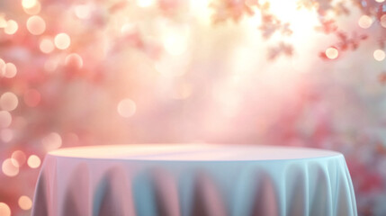 Fototapete - Pink table background with shadow for product presentation. Product display podium with Generative Ai.