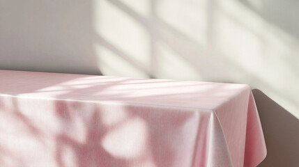 Fototapete - Pink table background with shadow. Product display podium with Generative Ai.