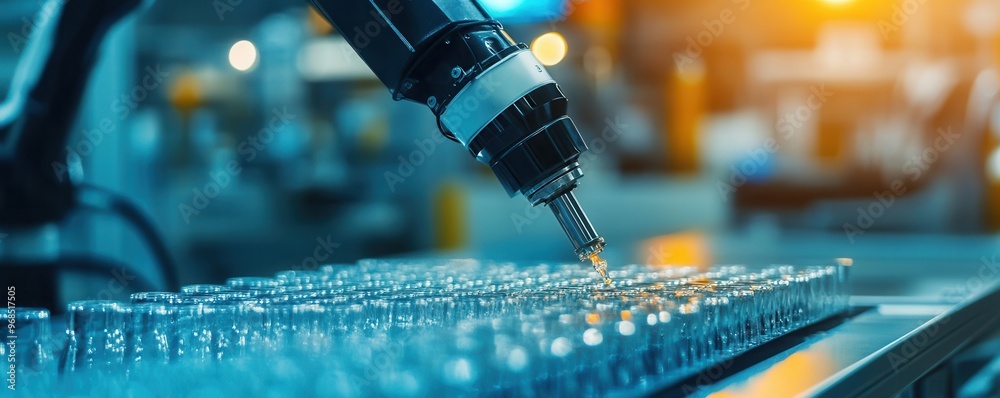 Automated robot arm performing precision tasks in a modern production ...