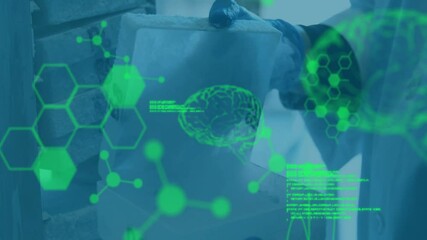 Poster - Animation of scientific data processing and human brains over male scientist in laboratory