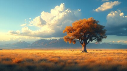 Canvas Print - A serene landscape featuring a solitary tree against mountains.