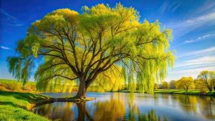 Sticker - serene, scenic, peaceful, outdoors, blue sky, foliage, tall, nature, reflection, river bank, A beautiful tall willow tree stands on the lush river bank in the vibrant colors of spring