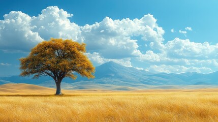 Sticker - A solitary tree stands in a golden field under a blue sky.