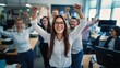 © Pixora Labs - Office team celebrating success, with smiling faces and arms raised in joy