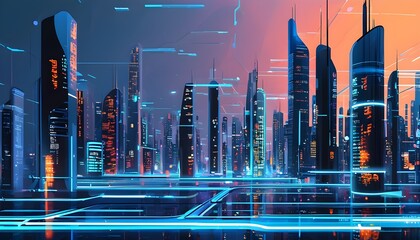 Wall Mural - Futuristic cityscape with glowing blue lines and data in an abstract digital illustration