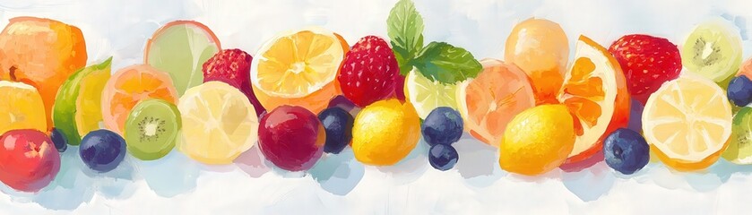 A vibrant assortment of fresh fruits arranged beautifully, showcasing colorful slices and whole fruits on a light background.