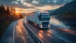 © Tik - A semi truck speeds along a mountainous highway at sunrise, showcasing a blend of industry and natural beauty