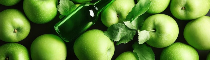 Poster - Fresh green apples with a glass bottle and leaves, showcasing natural food elements perfect for health and wellness themes.