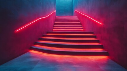Aufkleber - Modern staircase with red neon lights, futuristic interior design. Contemporary architecture and lighting concept
